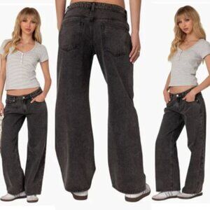 Edikted Black Raelynn Low Rise Baggy Wide Leg Relaxed Jeans Faded Y2K 90s XS 0